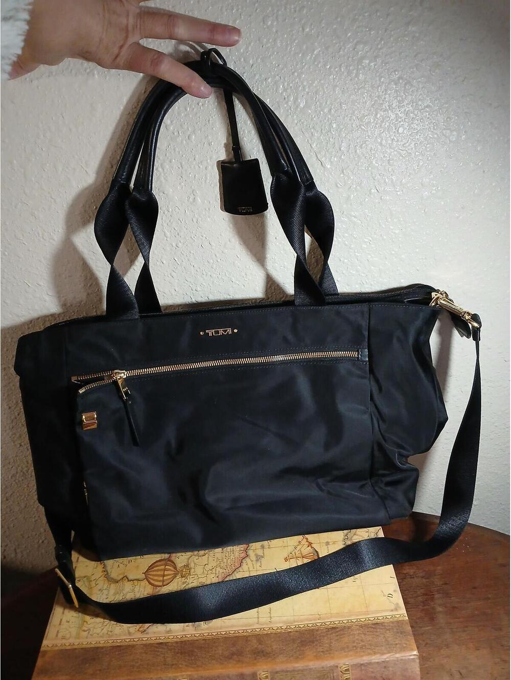 Tumi Black Nylon and Leather Tote Bag with Gold Hardware